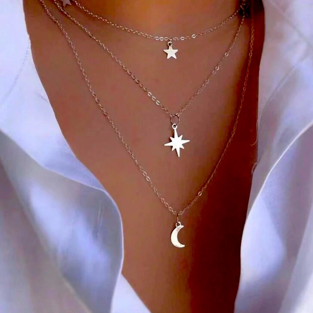 Silver Star and Moon Layered Necklace Boho Triple Chain Pendant Jewelry
